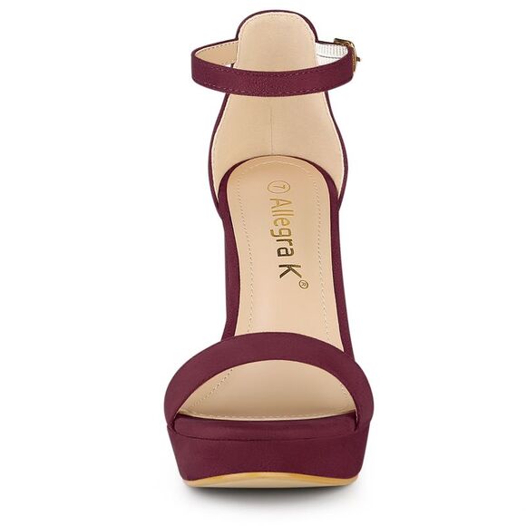 Ankle Strap Burgundy Platform Chunky High Heel Sandals - Picture 2 of 6